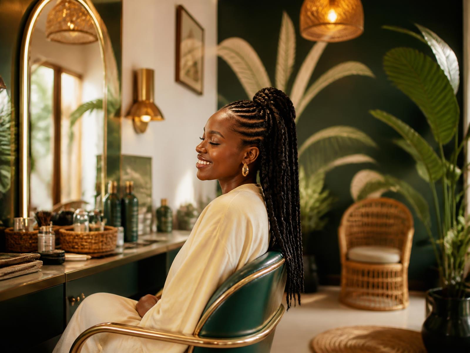 Stylist chair in the Luxe Beauty Studio salon with tropical greenery